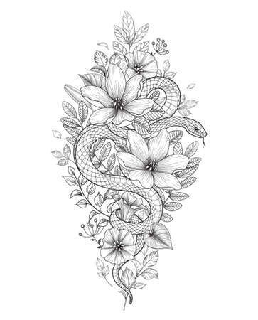 Hand drawn twisted Snake and wild flowers isolated on white. Vector monochrome serpent and wildflowers. Floral vertical illustration in vintage style, t-shirt design, tattoo art, coloring page.のイラスト素材