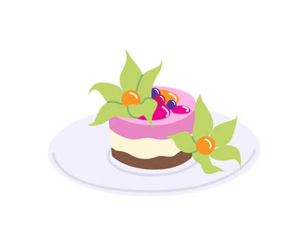 Piece of cake on plate vector flat illustration. Simple dessert with physalis berries and fruit sauce isolated on white background. Cartoon delicious dessert, sweet treat, tasty berry cheesecake.のイラスト素材
