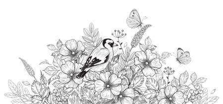 Hand drawn goldfinch sitting among wildflowers and flying butterflies. Black and white illustration with bird, flowers and insects. Vector monochrome elegant floral arrangement in vintage style.のイラスト素材