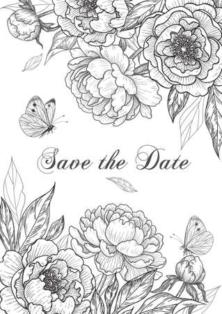 Luxurious vertical floral background with blooming peonies and butterflies. Monochrome flowers arrangement and flying moths. Black and white vector elegant wedding card template in vintage style.のイラスト素材