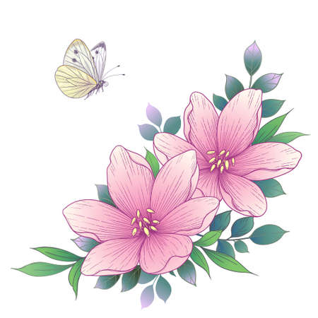 Hand drawn pink flowers and flying butterfly isolated on white background. Vector elegant floral arrangement in vintage style.のイラスト素材