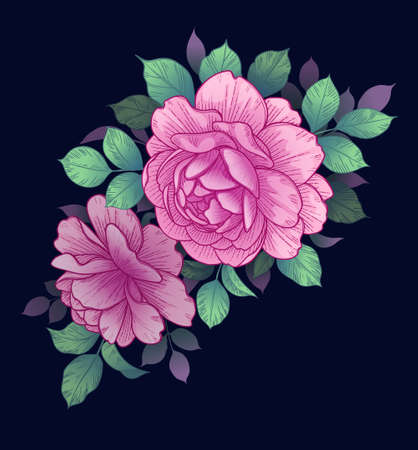 Vector elegant floral arrangement with pink roses on dark. Beautiful plants on moody background. Romantic illustration with hand drawn flowers and leaves in vintage style.のイラスト素材