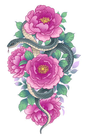 Hand drawn twisted Snake among pink peonies isolated on white. Vector dark serpent with flowers and leaves. Floral vertical illustration in vintage style, t-shirt design, tattoo art.のイラスト素材