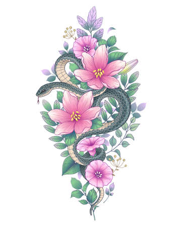 Hand drawn twisted Snake and wild flowers isolated on white. Vertical floral arrangement with serpent and wildflowers. Vector illustration in vintage style, t-shirt design, tattoo art.のイラスト素材