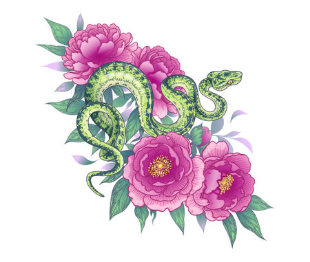 Hand drawn twisted snake among peony flowers isolated on white. Vector spotted green garden boa and pink peonies. Floral illustration in vintage style, t-shirt design, tattoo art.のイラスト素材