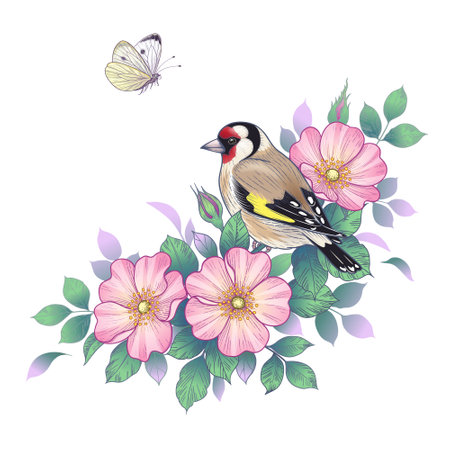 Hand drawn goldfinch sitting on Dog-Rose branch with pink flowers and flying butterfly. Vector elegant floral arrangement with bird in vintage style, t-shirt, tattoo design.のイラスト素材