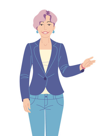 Confident speaking woman isolated on white. Spokesperson at lecture, workshop, seminar. Presentation, communication or inviting to event. Young woman vector flat cartoon character.のイラスト素材
