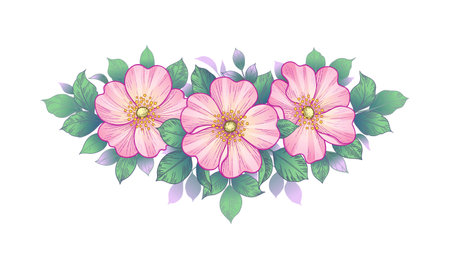 Hand drawn dog-rose bunch with pink flowers and green leaves isolated on white. Vector line art elegant floral arrangement in vintage style, tattoo design, wedding decoration.のイラスト素材