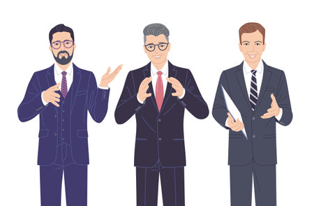 Confident speaking men in strict clothes isolated on white. Friendly business men in formal suits, spokesperson at lecture, workshop, seminar. Group of people vector flat cartoon characters.のイラスト素材