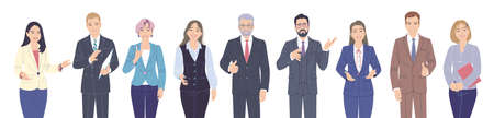 Friendly male and female characters set. Confident women and men in suits isolated on white. Business team, presentation, communication or inviting to event. Group of people vector flat illustration.のイラスト素材