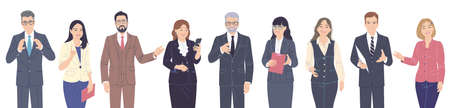 Friendly male and female characters set. Confident women and men in suits isolated on white. Business team, presentation, communication, inviting to event. Group of people vector flat illustration.のイラスト素材
