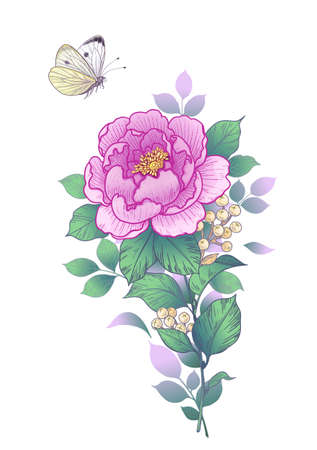 Hand drawn pink peony and butterfly isolated on white background. Single flower and flying moth. Vector elegant floral composition in vintage style, tattoo design, template.のイラスト素材