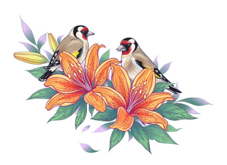 Hand drawn goldfinch couple sitting on lily branch isolated on white background. Vector monochrome elegant floral composition with birds and orange flowers in vintage style, t-shirt, tattoo design.のイラスト素材