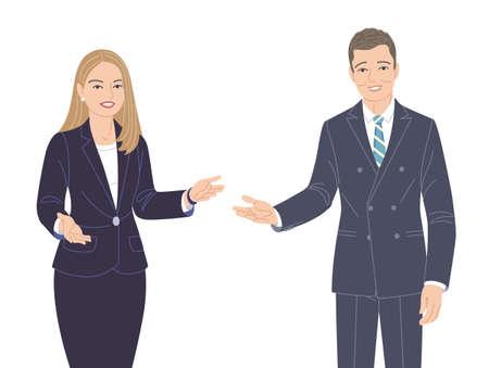 Friendly business woman and man in strict clothes isolated on white. Office worker, spokesperson, presentation, communication, inviting to event. Male and female characters vector flat illustration.のイラスト素材