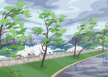 Seaside landscape with storm in ocean, huge waves and trees on high wind along coast. Natural disaster hurricane incoming on sea. Simple vector illustration in flat cartoon style.のイラスト素材
