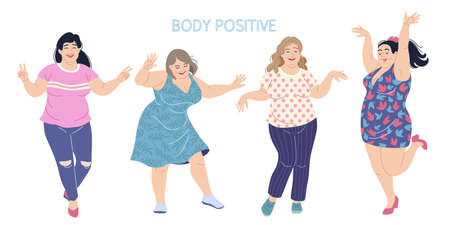 Happy dancing women. Plus size girls isolated on white background. Body positivity concept. Fun party, active healthy lifestyle, sisterhood. Simple vector illustration in flat cartoon style.のイラスト素材