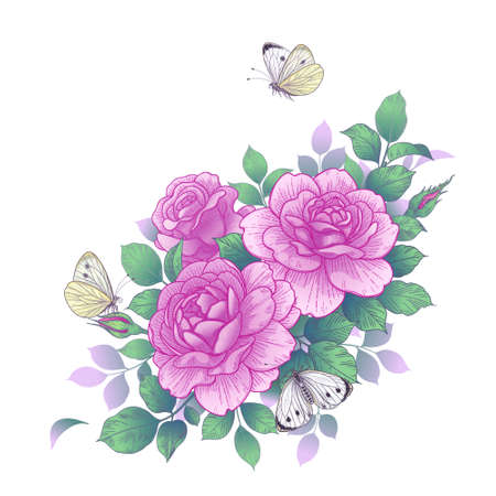 Hand drawn pink rose flowers bunch, flying and sitting butterflies isolated on white. Vector elegant floral composition in vintage style, t-shirt, tattoo design, wedding decoration.のイラスト素材
