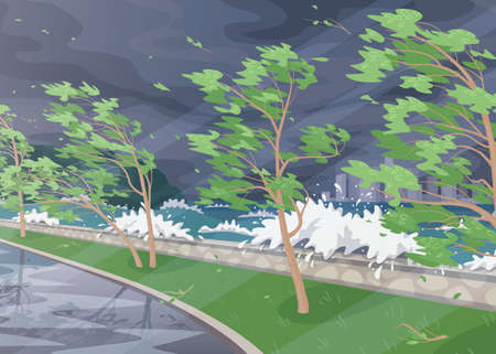 Seaside landscape with storm in ocean, huge waves and deciduous trees on high wind along coastのイラスト素材