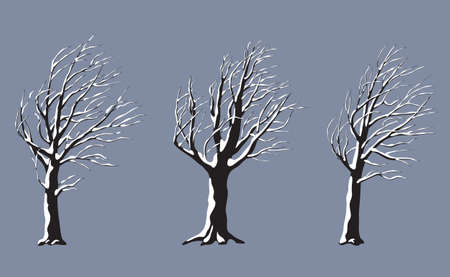 Set of old snow covered trees without leaves isolated on gray background. Winter season, windy weather, plants during a snowstorm. Monochrome simple plants under the snow vector flat illustration.のイラスト素材