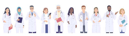 Group of doctors male and female characters. Multiethnic friendly medical workers in white coats isolated on blank background. Healthcare service. Diverse people vector flat cartoon illustration.のイラスト素材