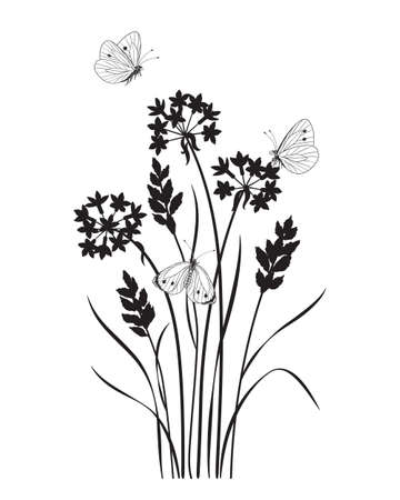 Monochrome composition with butterflies and wild flowers. Black silhouette of wildflowers, grasses, flying and sitting butterflies on white background. Vector illustration.のイラスト素材