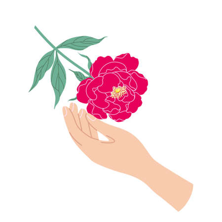 Female hand touches red peony flower. Simple woman hand with branch of blooming plant isolated on white background. Romantic floral design element. Vector flat illustration.のイラスト素材