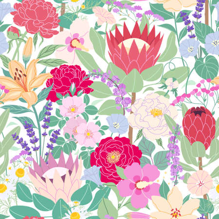 Seamless pattern with blooming garden flowers. Colorful modern botanical print. Endless floral background with simple peony, protea, lily, lavender. Summer multicolor vector flat illustration.のイラスト素材