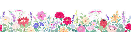 Seamless horizontal border with blooming flowers on white background. Multicolored garden flowers in row. Banner with floral pattern. Summer botanical vector flat illustration.のイラスト素材