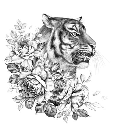 Hand drawn monochrome tiger head with roses isolated on white background. Pencil drawing elegant illustration with wildcat portrait side view and flowers in vintage style, t-shirt, tattoo design.の写真素材