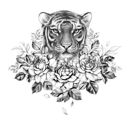 Hand drawn monochrome tiger head with roses isolated on white background. Pencil drawing elegant illustration with wildcat portrait and flowers in vintage style, t-shirt, tattoo design.の写真素材