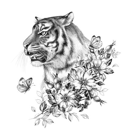 Hand drawn monochrome tiger head with dog-rose and butterflies isolated on white background. Pencil drawing elegant illustration with wildcat and flowers in vintage style, t-shirt, tattoo design.の写真素材