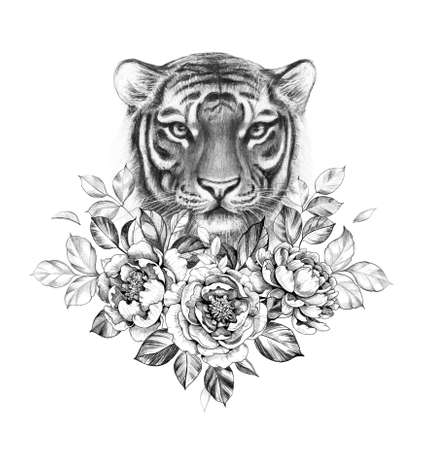 Hand drawn monochrome tiger head with peonies isolated on white background. Pencil drawing elegant illustration with wildcat portrait and flowers in vintage style, t-shirt, tattoo design.の写真素材