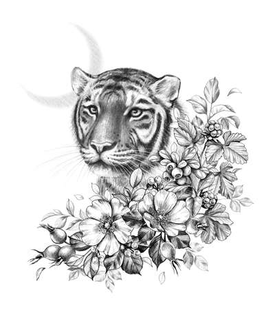 Hand drawn monochrome tiger head with moon, berries and wildflowers isolated on white. Pencil drawing elegant illustration with wildcat portrait and flowers in vintage style, t-shirt, tattoo design.の写真素材