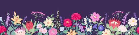 Seamless horizontal border with blooming flowers on dark background. Multicolored garden flowers in row. Banner with floral pattern. Summer botanical vector flat illustration.のイラスト素材