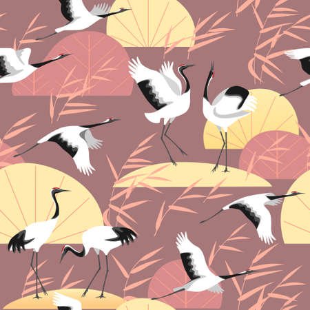 Seamless pattern with Japanese cranes, reed and plants. Endless decoration in oriental style with simple elements of autumn plant and birds. Vector flat illustration.のイラスト素材