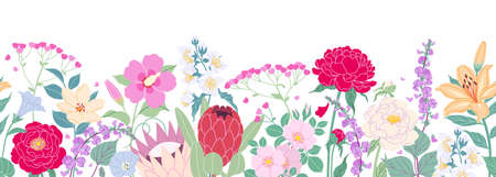 Seamless horizontal border with blooming flowers on white background. Multicolored garden flowers in row. Banner with floral pattern. Summer botanical vector flat illustration.のイラスト素材
