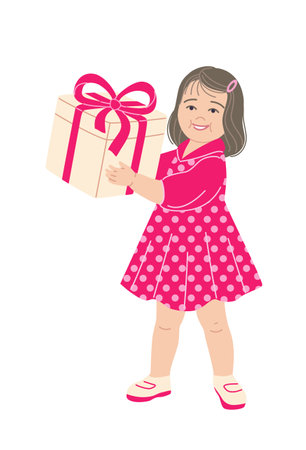 Cute little girl get gift. Happy baby holding gift box isolated on white background. Simple vector flat illustration.のイラスト素材