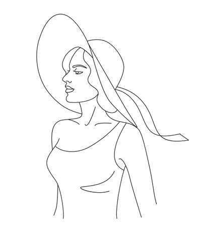 Young woman in hat vector one line illustration. Beautiful modern woman wearing hat. Female portrait monochrome line art minimalist print.のイラスト素材