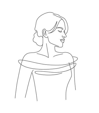 Young woman in dress vector one line illustration. Beautiful elegant woman wearing evening gown. Female portrait monochrome line art minimalist print.のイラスト素材