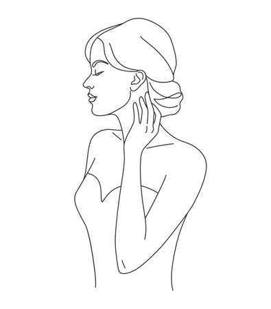 Young woman in dress vector one line illustration. Beautiful elegant woman wearing evening gown. Female profile monochrome line art minimalist print.のイラスト素材