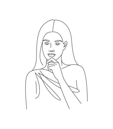 Young woman one line illustration. Beautiful elegant woman with long hair front view. Female portrait monochrome line art minimalist print.のイラスト素材