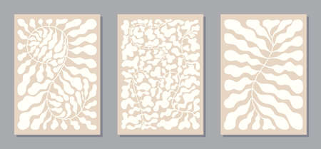 Set of abstract floral compositions in pastel colors for wall decor, poster design. Decorative wavy light organic shapes on beige. trendy illustration. Vector backgrounds with botanical elements.のイラスト素材