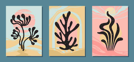 Decorative wavy black organic shapes on retro colors background. Set of abstract floral compositions for wall decor, poster design. Trendy vector illustration with botanical elements.のイラスト素材