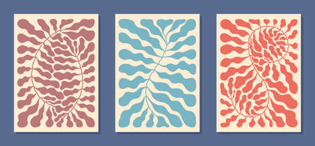 Set of abstract floral compositions in retro colors for wall decor, poster design. Decorative wavy organic shapes on beige. trendy illustration. Vector backgrounds with botanical elements.のイラスト素材
