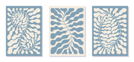 Set of abstract floral compositions in dusty blue color for wall decor, poster design. Decorative wavy organic shapes. trendy illustration. Vector backgrounds with botanical elements.のイラスト素材