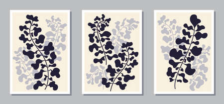 Decorative wavy black and gray organic shapes on light background. Set of abstract floral compositions for wall decor, poster design. Trendy vector illustration with botanical elements.のイラスト素材