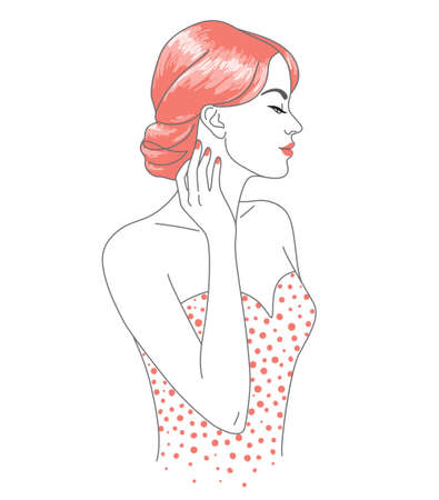 Young redhead woman in dress vector one line illustration. Beautiful elegant woman wearing evening gown. Female profile line art minimalist print.のイラスト素材