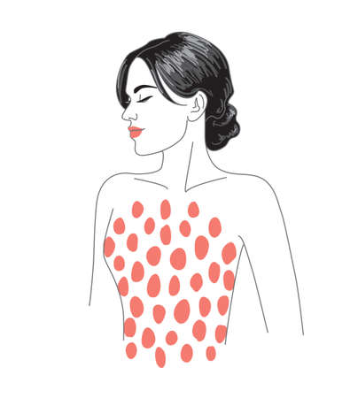 Young brunette woman vector illustration. Beautiful elegant dark-haired woman in pink spotted dress. Female portrait line art minimalist print.のイラスト素材