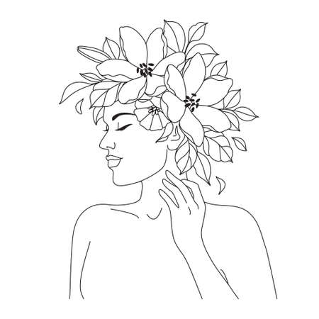 Beautiful woman with flowers on head vector one line drawing. Monochrome line art floral minimalist print. female beauty concept. Abstract portrait, fashion illustration, minimalist style.のイラスト素材