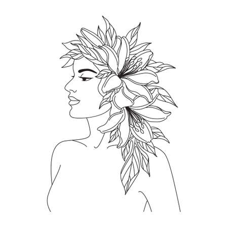 Beautiful woman with flowers on head vector one line drawing. Monochrome line art floral minimalist print. female beauty concept. Abstract portrait, fashion illustration, minimalist style.のイラスト素材